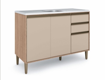 Balc�o em 100% MDF, conta com 2 porta de bater e com alum�nio padr�o bronze. Acompanha 3 gavetas com corredi�as telesc�picas e tamb�m tem 1 prateleira e p�s com regulagem de altura. Ele � o balc�o ideal para sua cozinha. Para manter ele limpo � s� passar um pano seco para retirar o p�. N�o aplicar produtos abrasivos.